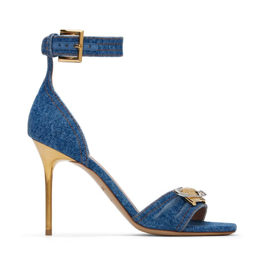 BALMAIN Blue Denim Safety Pin Heeled Sandals