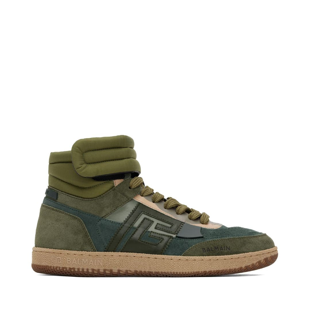 BALMAIN Khaki Swan Mid-Top Calfskin & Suede Sneakers