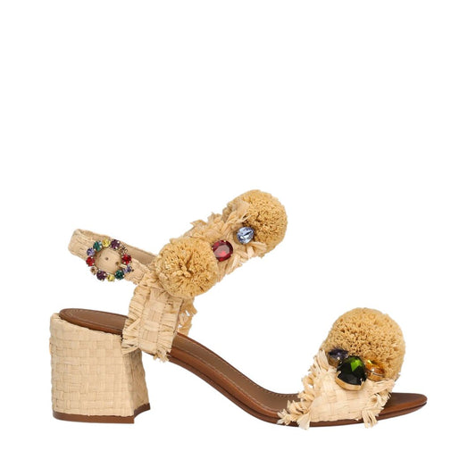 DOLCE&GABBANA Beige Embroidered Sandal with Fringes