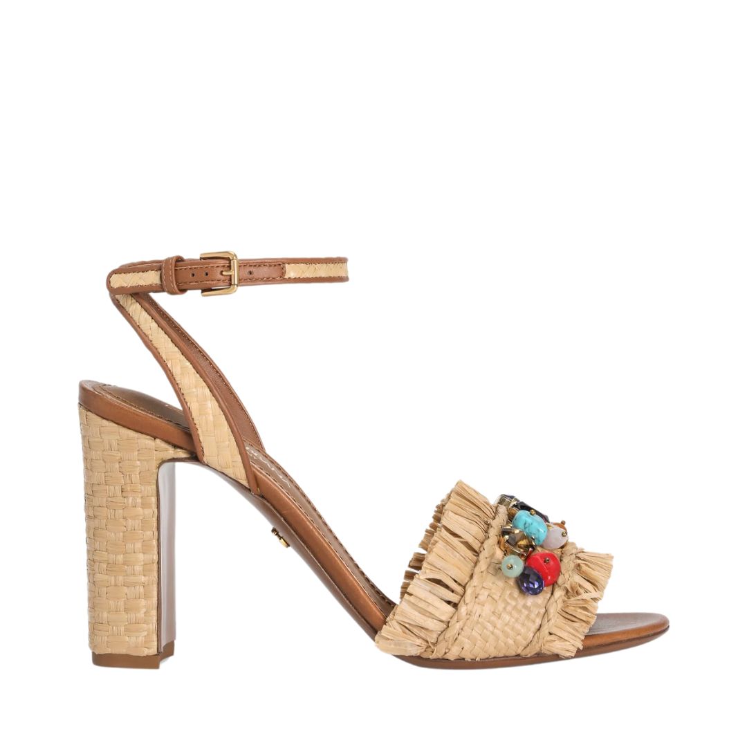 DOLCE&GABBANA Beige Frayed Sandal with Rhinestone Embroidery