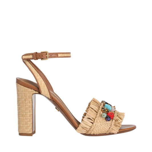 DOLCE&GABBANA Beige Frayed Sandal with Rhinestone Embroidery
