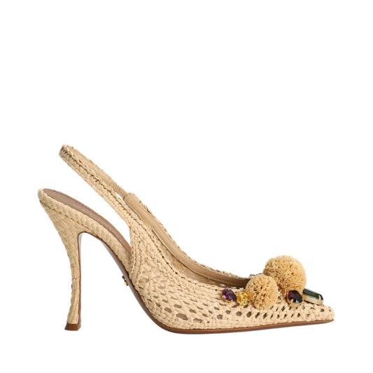 DOLCE&GABBANA Beige Rafia Crochet Slingback with Stones