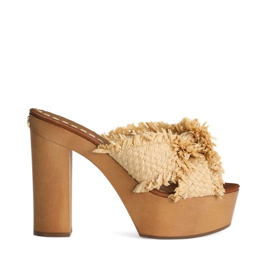 DOLCE&GABBANA Beige Wedge Sandal in Frayed Rafia and Canvas