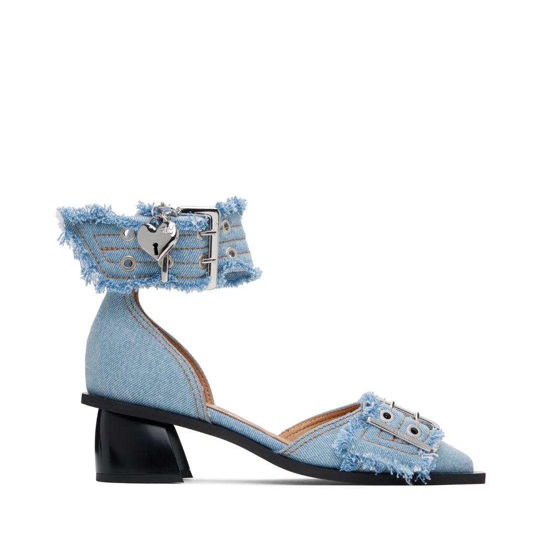 GANNI Blue Denim Feminine Buckle Open Cut Heels