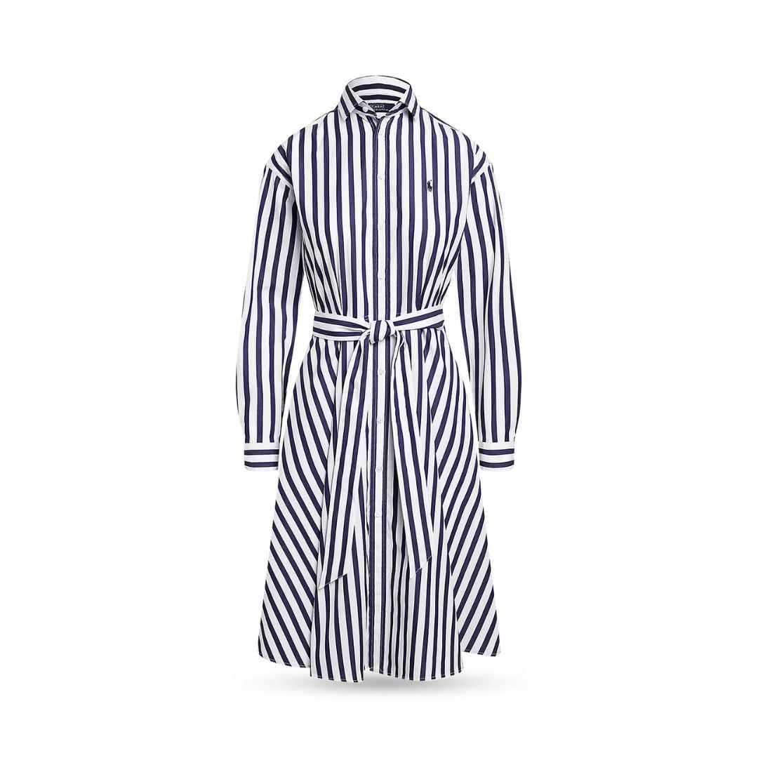 POLO RALPH LAUREN Navy Belted Striped Cotton Shirt Dress