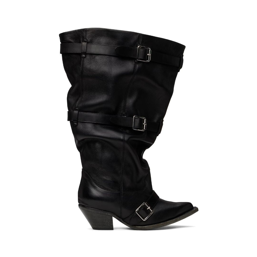 R13 Black Buckled-Up Slouch Cowboy Boots